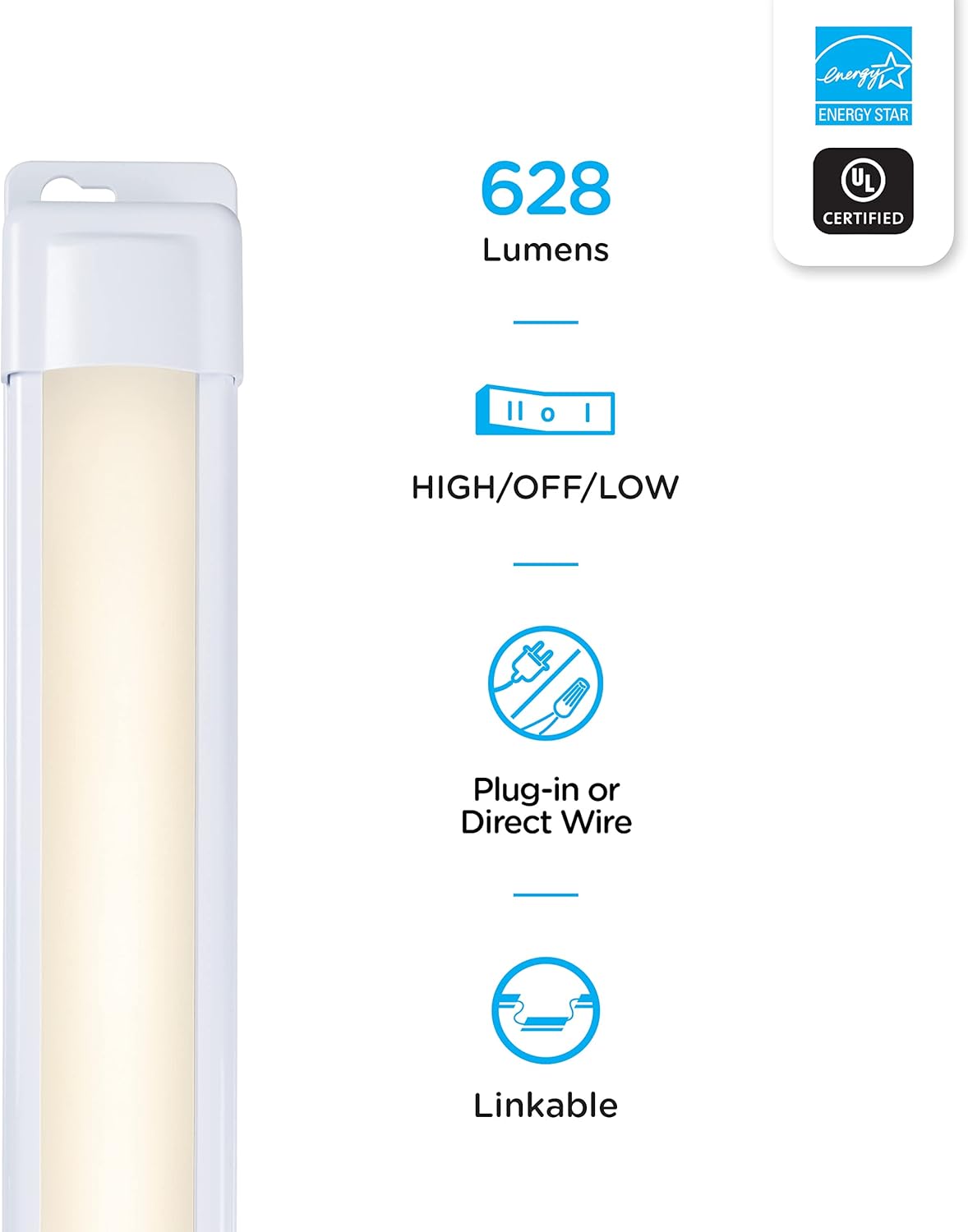 GE – Barra de luz LED fina de alta calidad para debajo del clóset, 12 pulgadas, enchufable, convertible a cable directo, enlazable, 38846