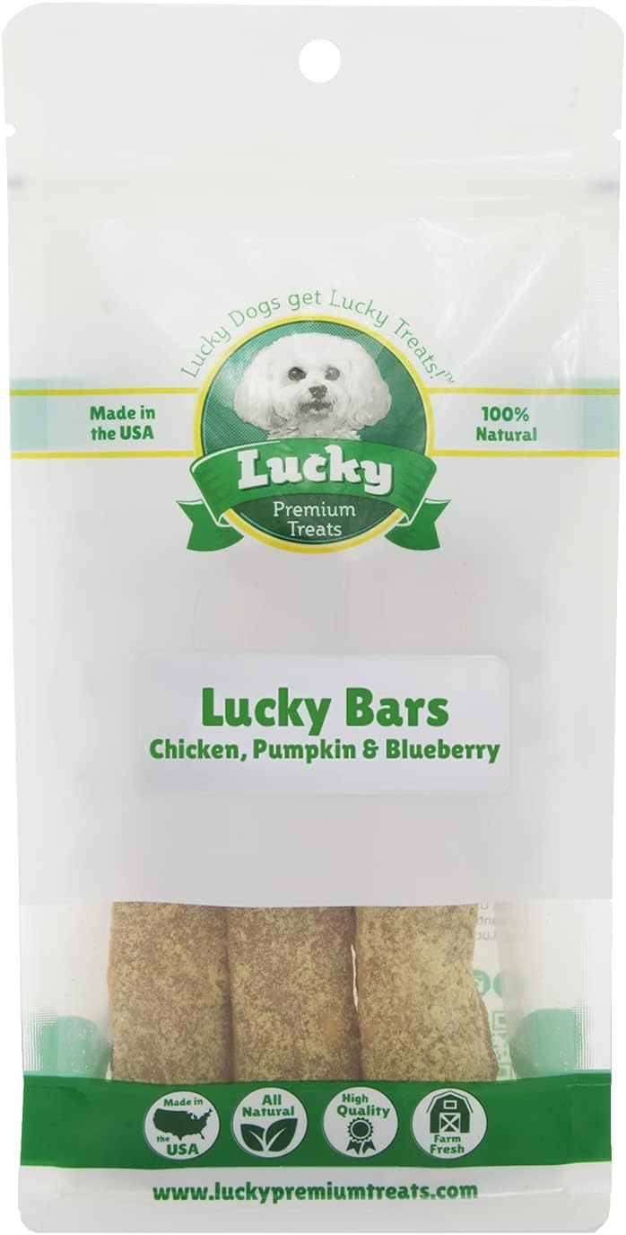 Lucky Premium Treats Lucky Chicken Bars – Golosinas de carne seca para perros con pollo, calabaza y arándanos en barras llenas de sabor, golosinas