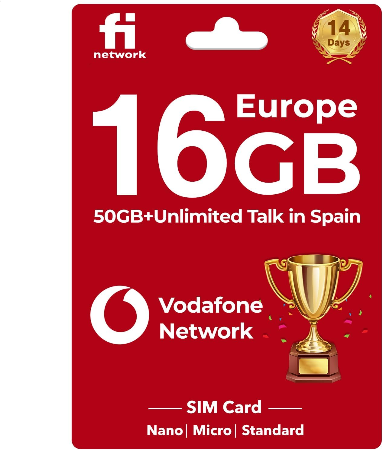 Vodafone Network Europe Sim Card – 16 GB en 4GLTE en Reino Unido y Europa, 50 GB y llamadas ilimitadas en España – Tarjeta SIM Europa con datos de