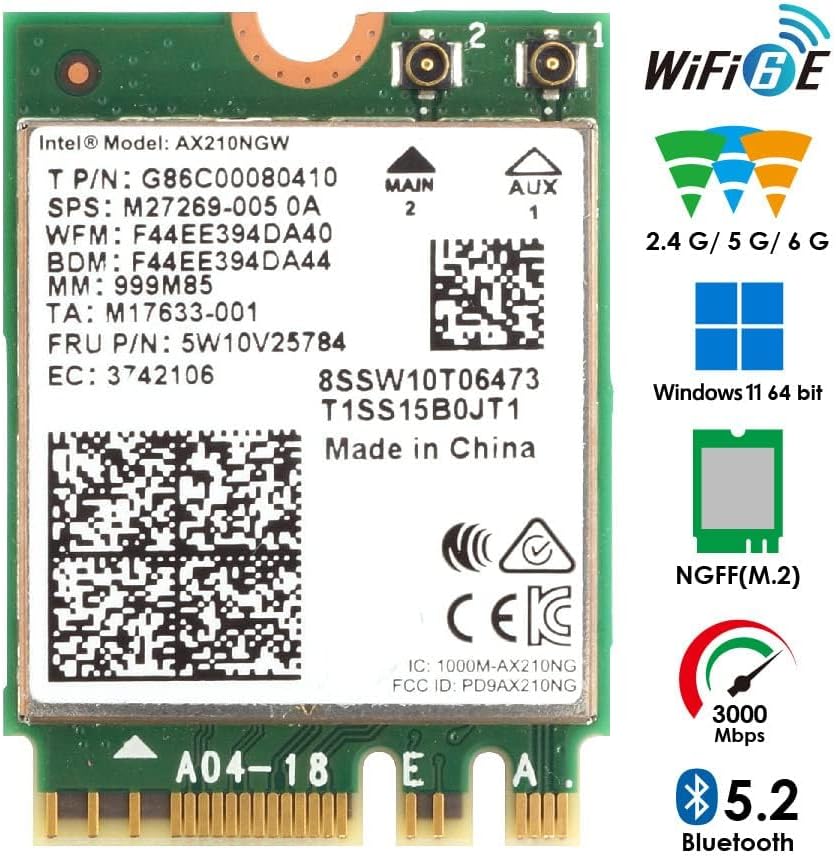 Y5 AX210NGW AX210 WiFi 6E Gig+ M.2 2230 AE Módulo dominante, MU-MIMO Tri-Band Wi-Fi Card con Bluetooth 5.2. compatible con Windows 1011 64bit.