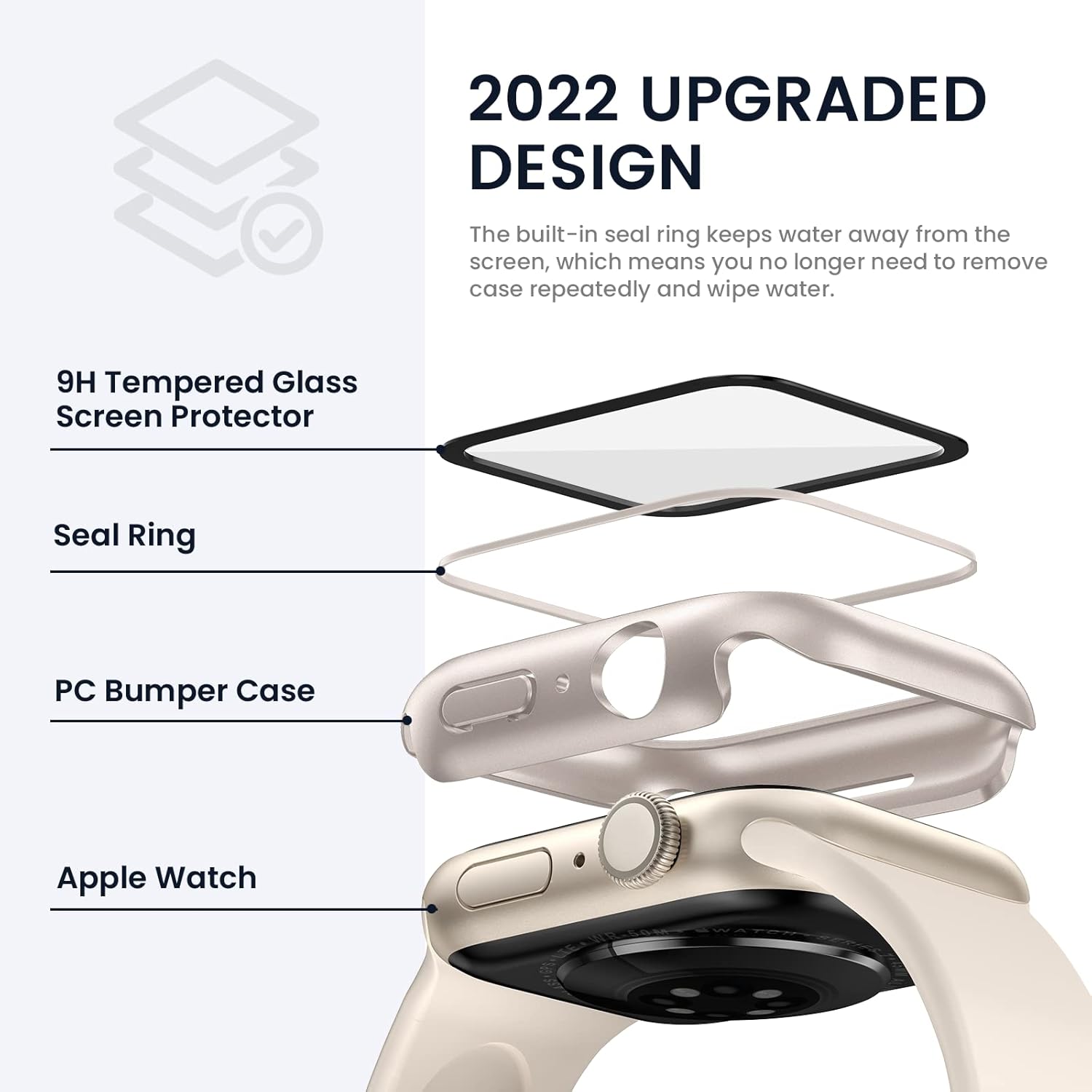 Tensea Funda protectora de pantalla impermeable para Apple Watch Series 8 y 7 de 1.73 pulgadas, accesorios para iWatch de policarbonato con película