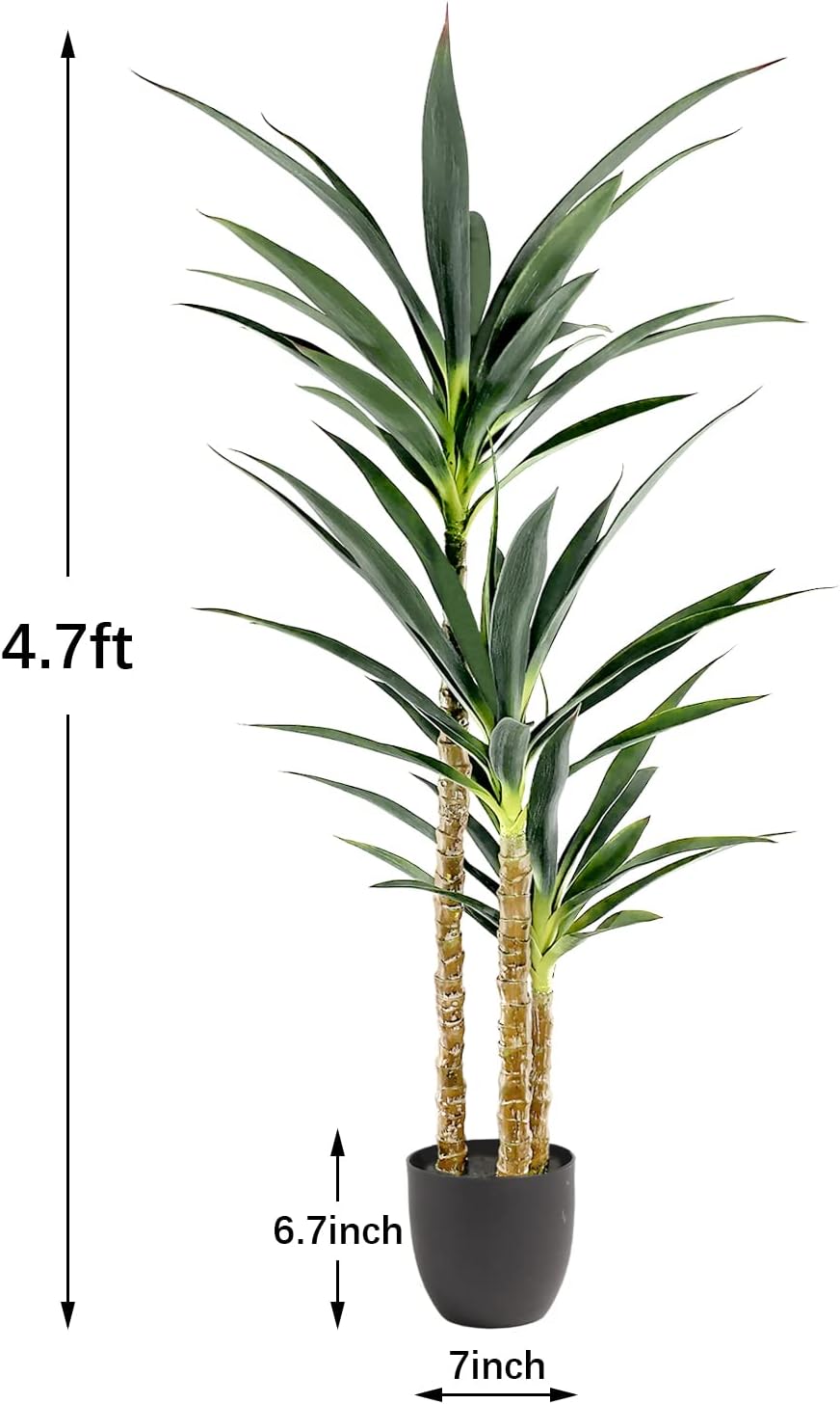Árbol artificial de agave artificial de 4.7 pies con 3 cabezas en maceta de plástico, árbol falso para decoración del hogar, decoración de oficina