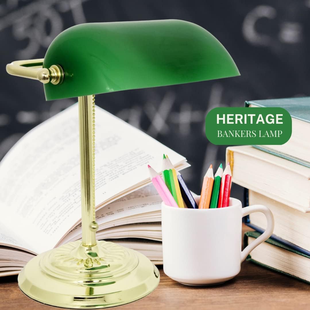 Lámpara de escritorio Green Bankers con pantalla de vidrio de LightAccents, luz de escritorio tradicional con pantalla de vidrio verde clásico y