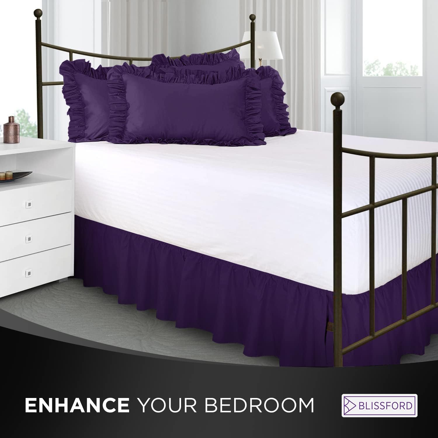 Falda de cama con volantes con esquinas divididas, tamaño King, falda de cama de 14pulgadas (disponible en 16 colores)