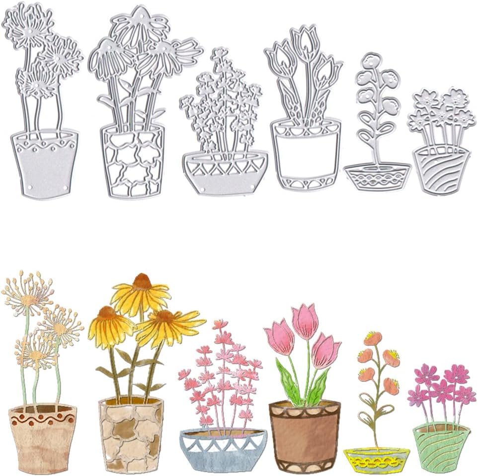 6 piezas de macetas troqueladas para hacer tarjetas, troqueles de corte de flores de maceta, moldes de plantilla de metal, hojas de flores para