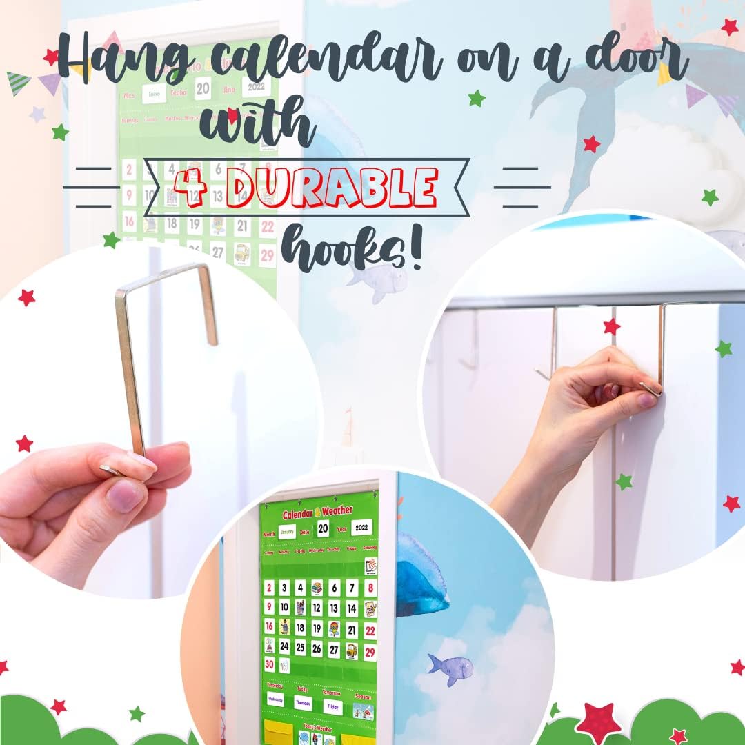 Calendario y tabla de bolsillo para el clima, incluye 4 carteles exclusivos y 142 tarjetas, calendario infantil para aula y educación en el hogar,
