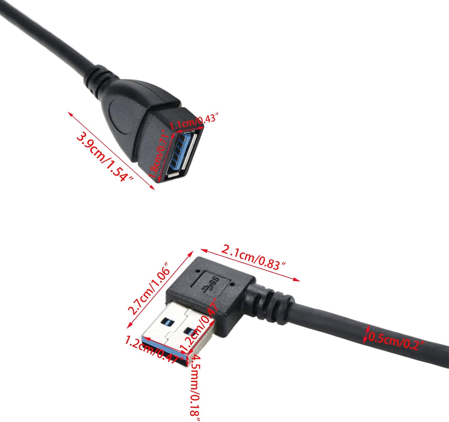 UTALIND Paquete de 2 cables de extensión USB 3.0 macho a hembra, adaptadores USB en ángulo izquierdo y recto para laptop, TV, disco USB, ratón,