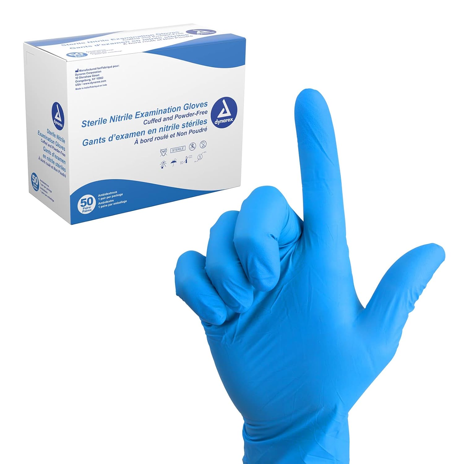 Dynarex Guantes quirúrgicos de nitrilo desechables estériles, sin polvo, empaquetados individualmente en pares, palmas texturizadas, azul, mediano,