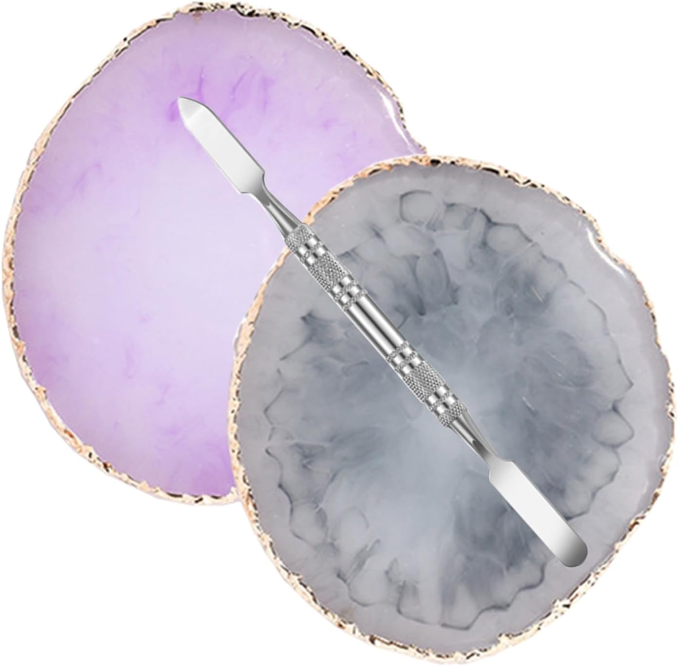 Paleta de esmalte de uñas de resina, 2 piezas, paleta de arte de uñas con varilla de agitación inoxidable (gris y morado)