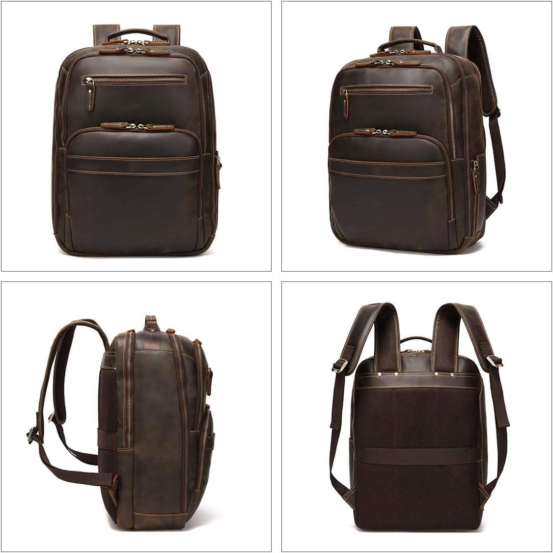 Mochila de cuero de grano completo de 16 pulgadas para computadora portátil para hombres, gran capacidad, negocios, senderismo, viajes, mochila