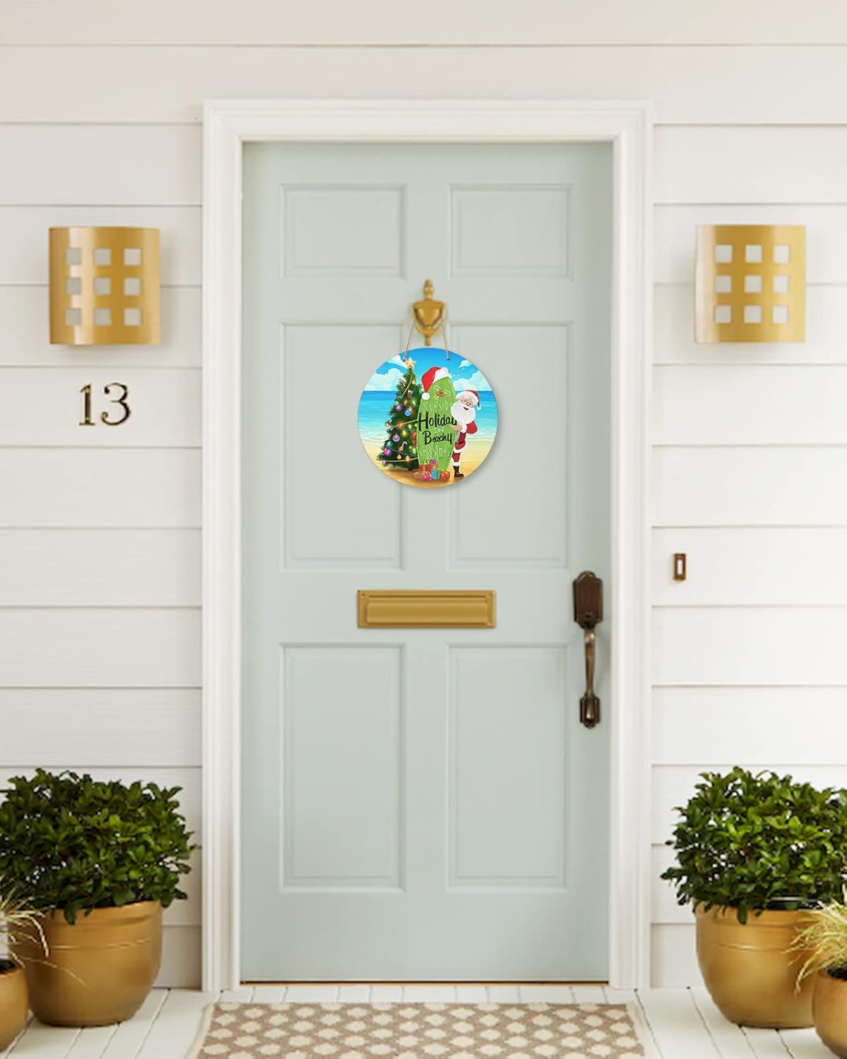 Letrero de bienvenida para decoración de puerta delantera, árbol de Navidad, Papá Noel, tabla de surf, coronas de 10 pulgadas, decoración navideña