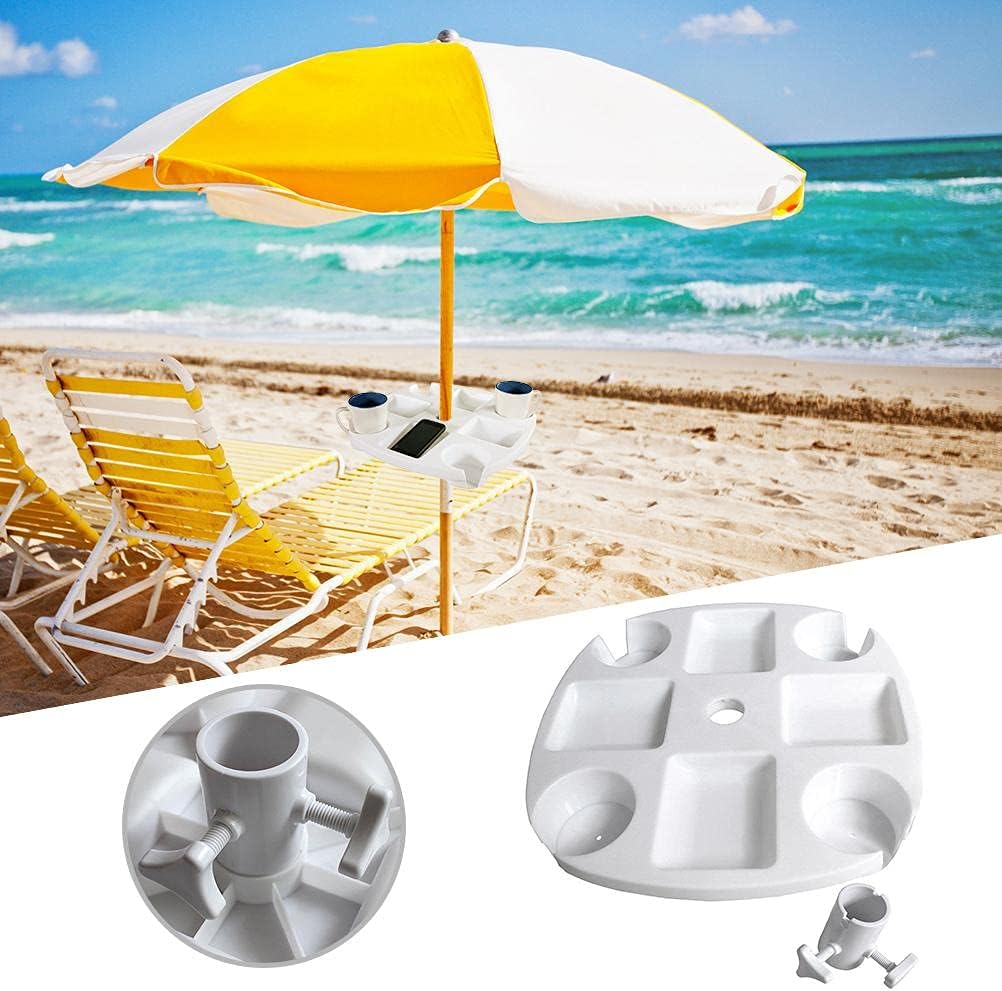HEEPDD Mesa de sombrilla de playa para exteriores, sombrillas de plástico y sombrillas, bandeja redonda para aperitivos con 4 portavasos y 4