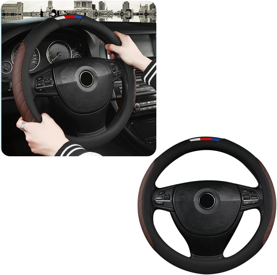 Funda para volante de automóvil, funda de cuero sintético con diseño de retazos de color fresco, antideslizante y transpirable para la mayoría de