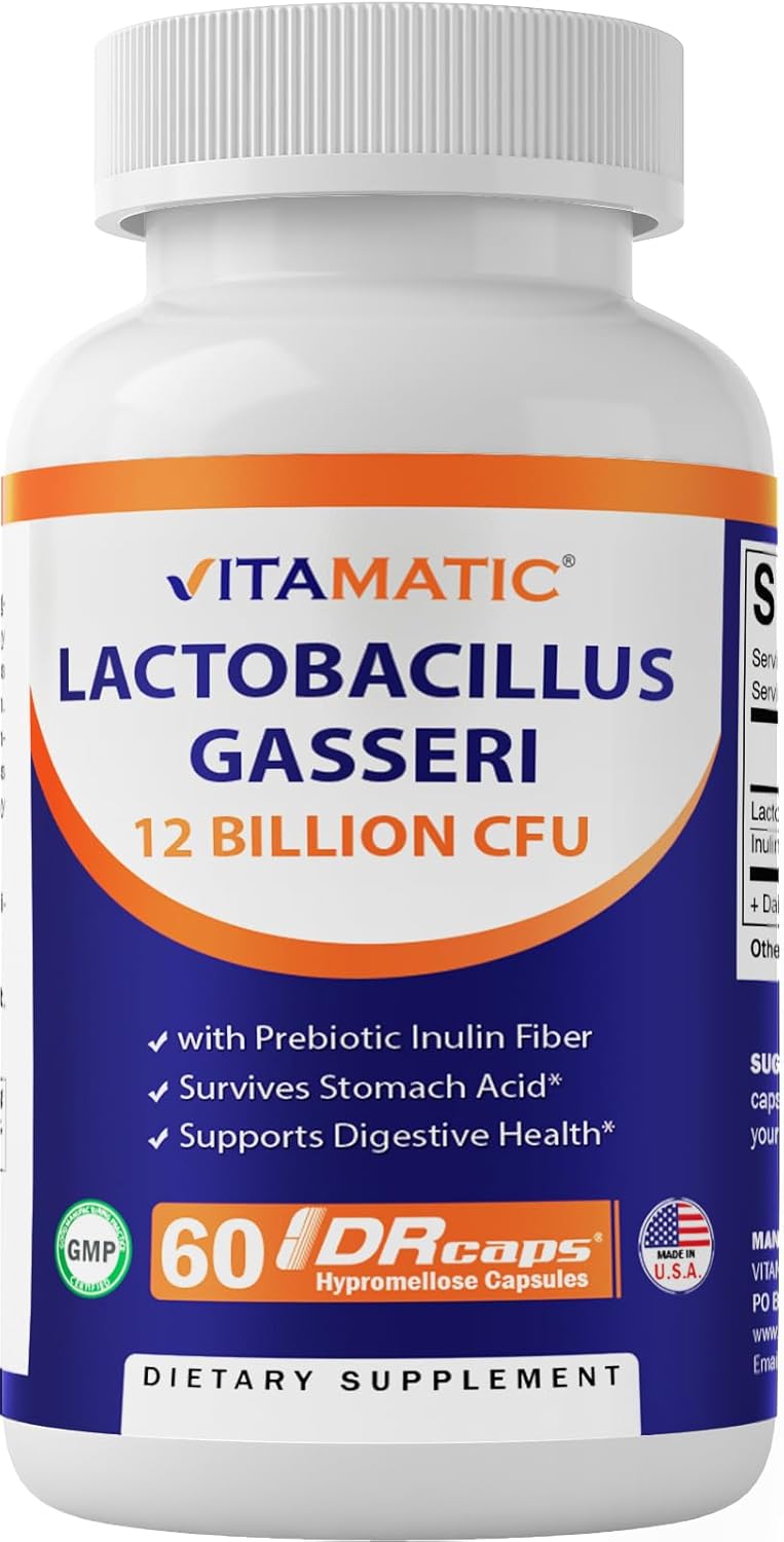 Vitamatic Lactobacillus Gasseri – 12 mil millones por cápsula DR – 60 unidades – Soporte digestivo – Fabricado con fibra prebiótica de inulina