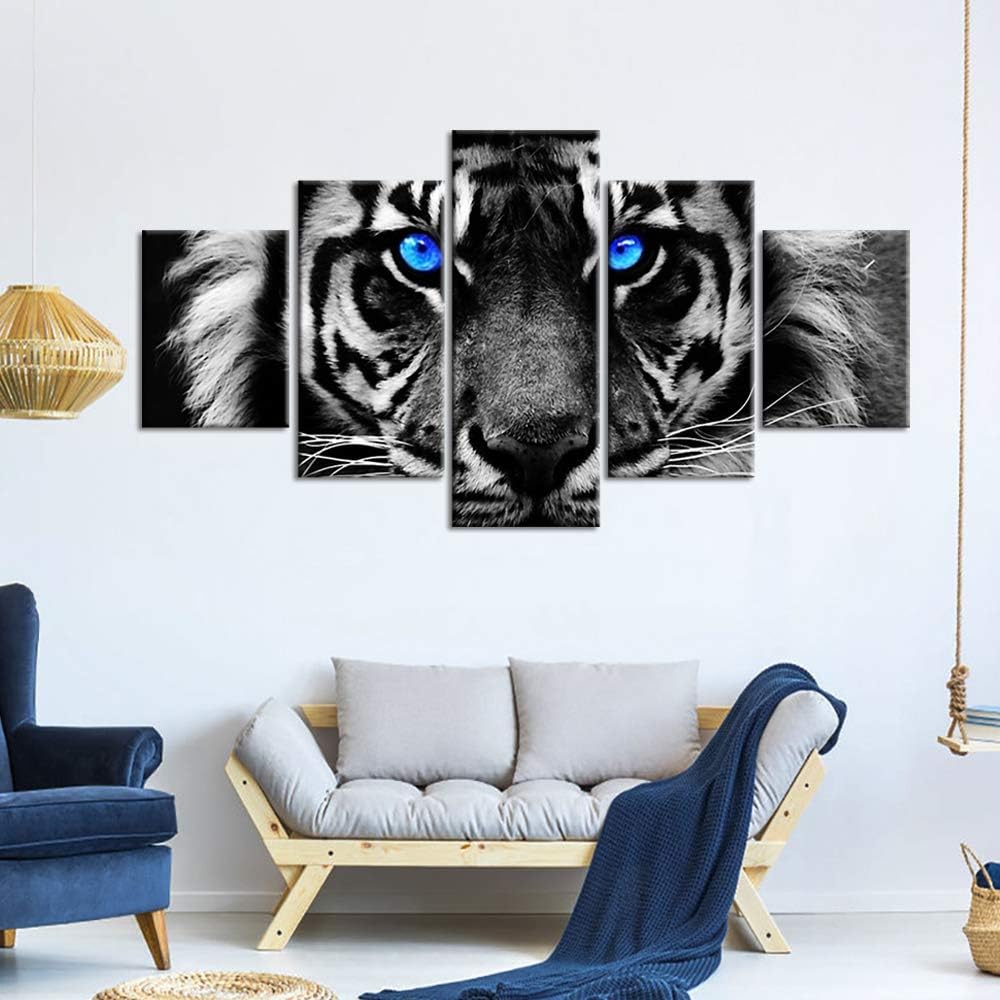Lienzo decorativo para pared, diseño de tigre de ojos azules, decoración de pared de tigre de ojos azules, imagen de tigre azul, blanco y negro,