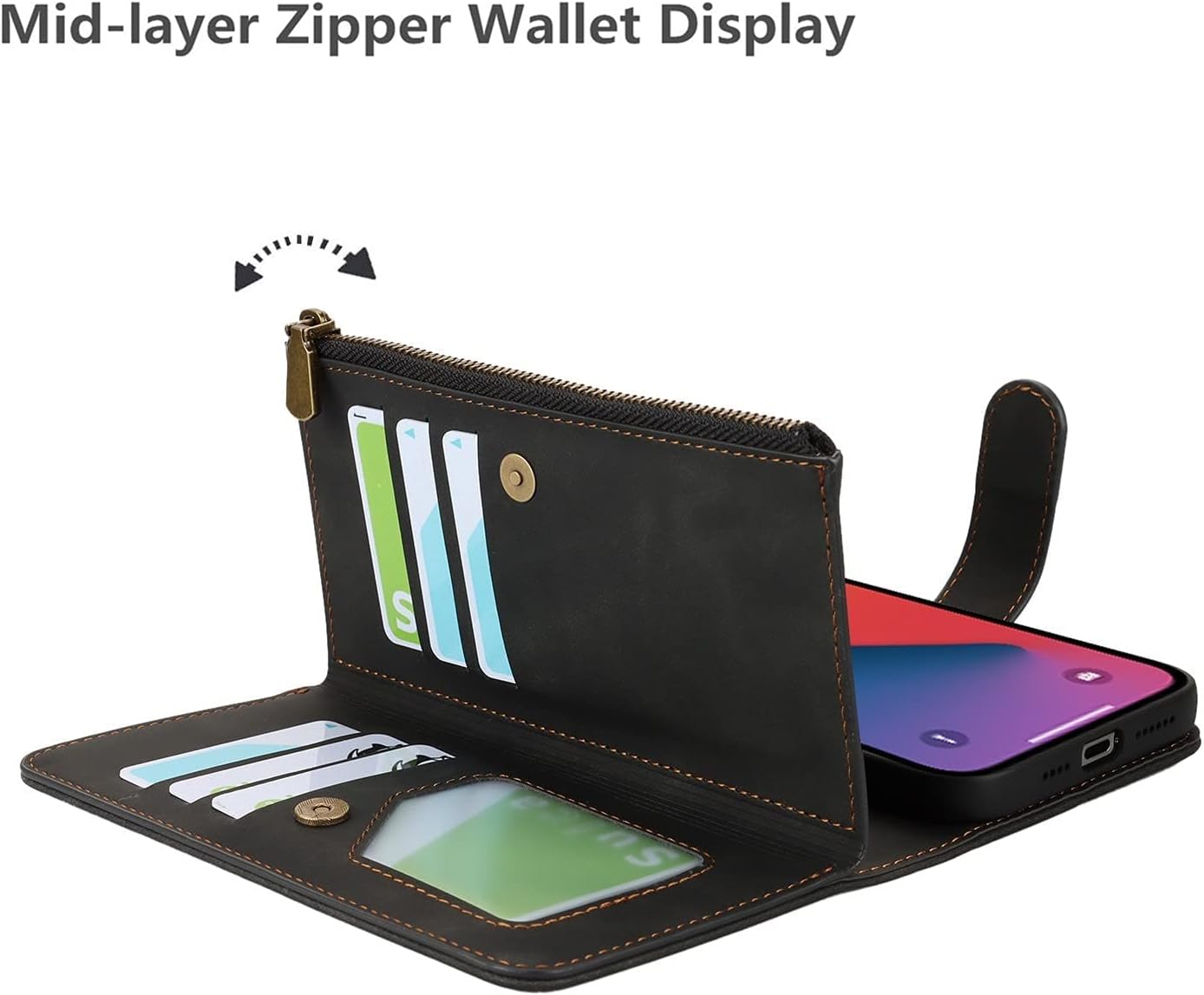 iCoverCase Funda tipo cartera para iPhone 13 Pro con tarjetero y correa para la muñeca, de piel sintética, ranuras para tarjetas, bolsillo con