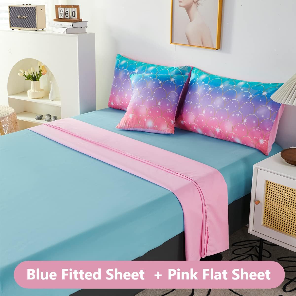 PERFEMET Juego de edredón de tamaño matrimonial con estampado de sirena para niñas, juego de ropa de cama colorido de teñido anudado para niñas