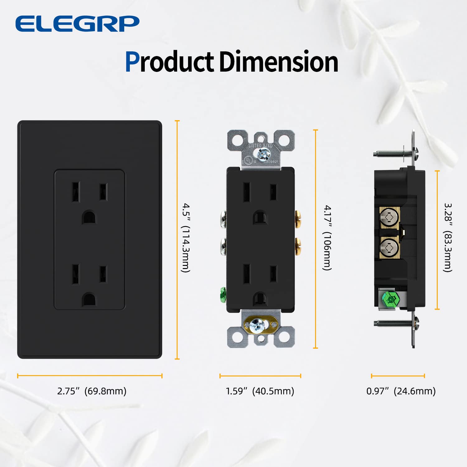 ELEGRP Enchufe eléctrico de pared decorativo estándar negro mate, 15 A, 125 V, 2 polos, 3 cables, no resistente a manipulaciones, NEMA 5-15R,