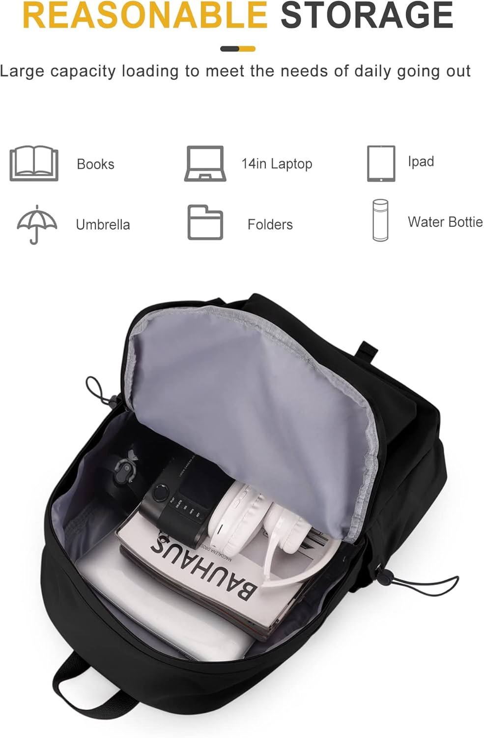 VECAVE Mochila ligera para mujeres y hombres, mochila casual de viaje para laptop, A-Negro, Mochila
