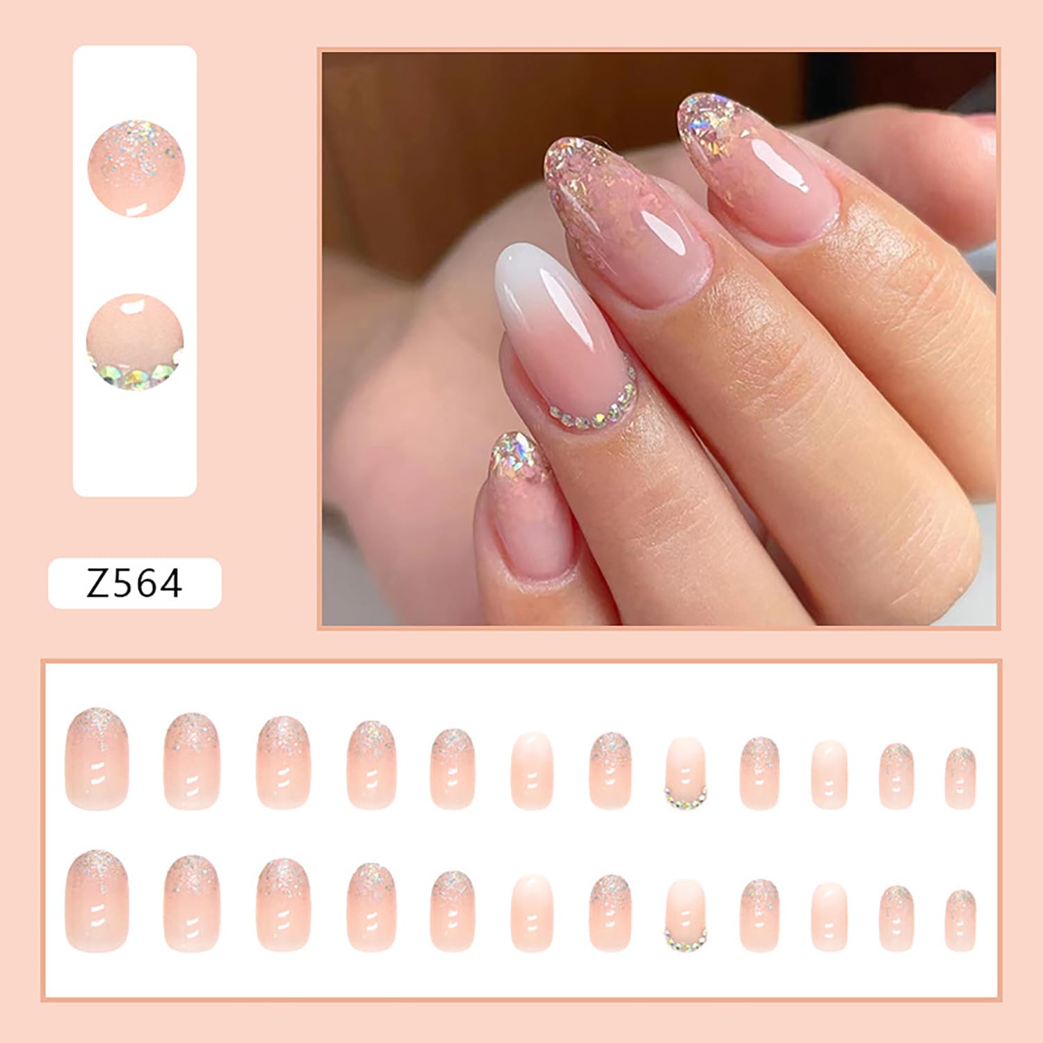 Uñas postizas a presión ovaladas medianas, uñas postizas artificiales con diseño de lentejuelas de diamantes de imitación, cobertura completa,