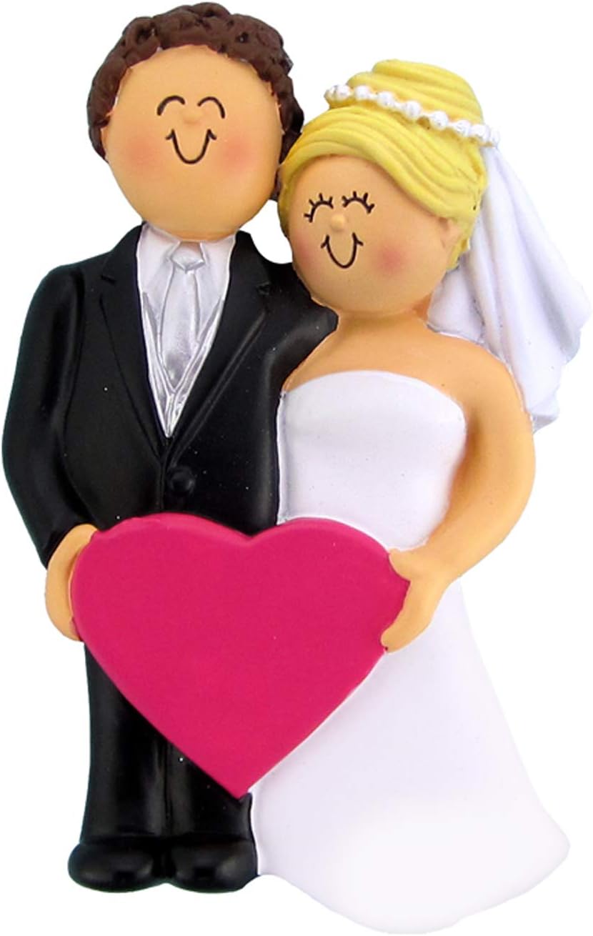 Adorno personalizado de boda de novia rubia con corazón rosa 2024  Nuestro primer adorno navideño casado 2024 regalos para novia y novio para