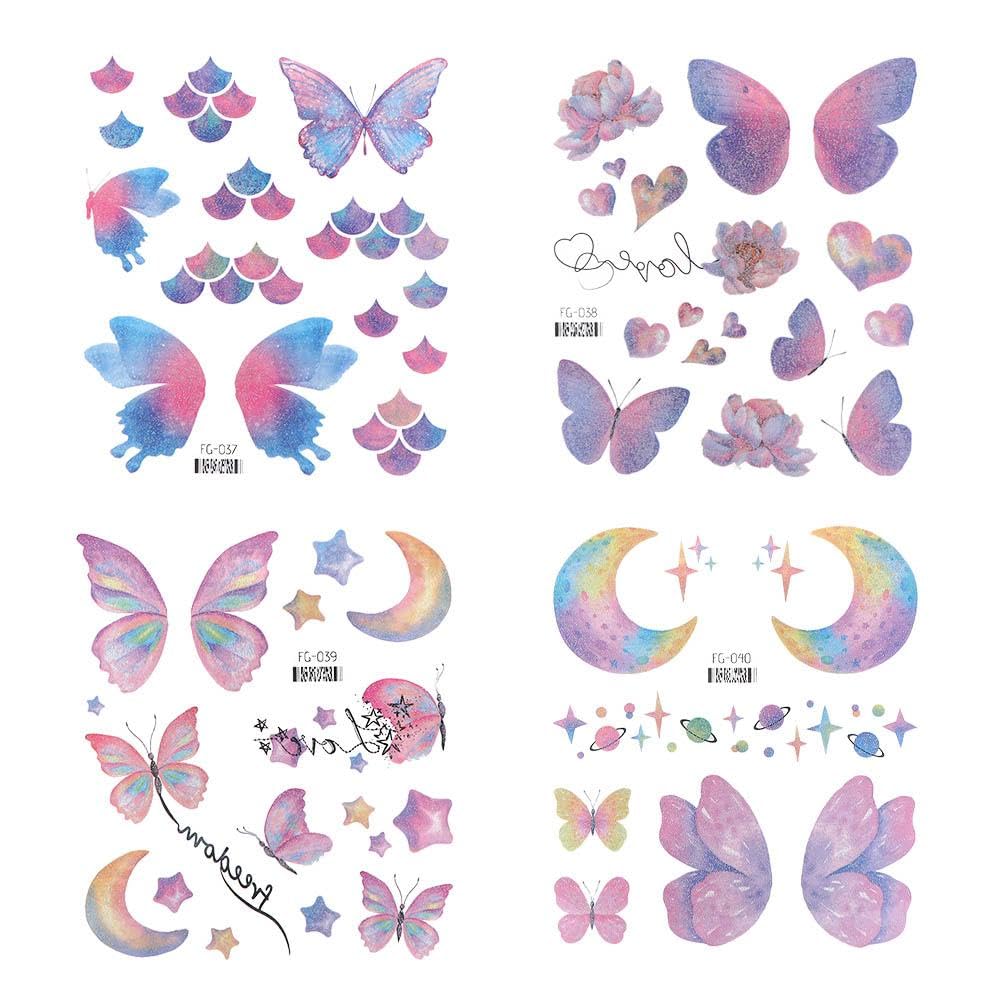 Tatuajes temporales de mariposa, exquisitas alas de ángulo de mariposa, tatuajes falsos para mujer, arte corporal de muñeca, cuello de muñeca,