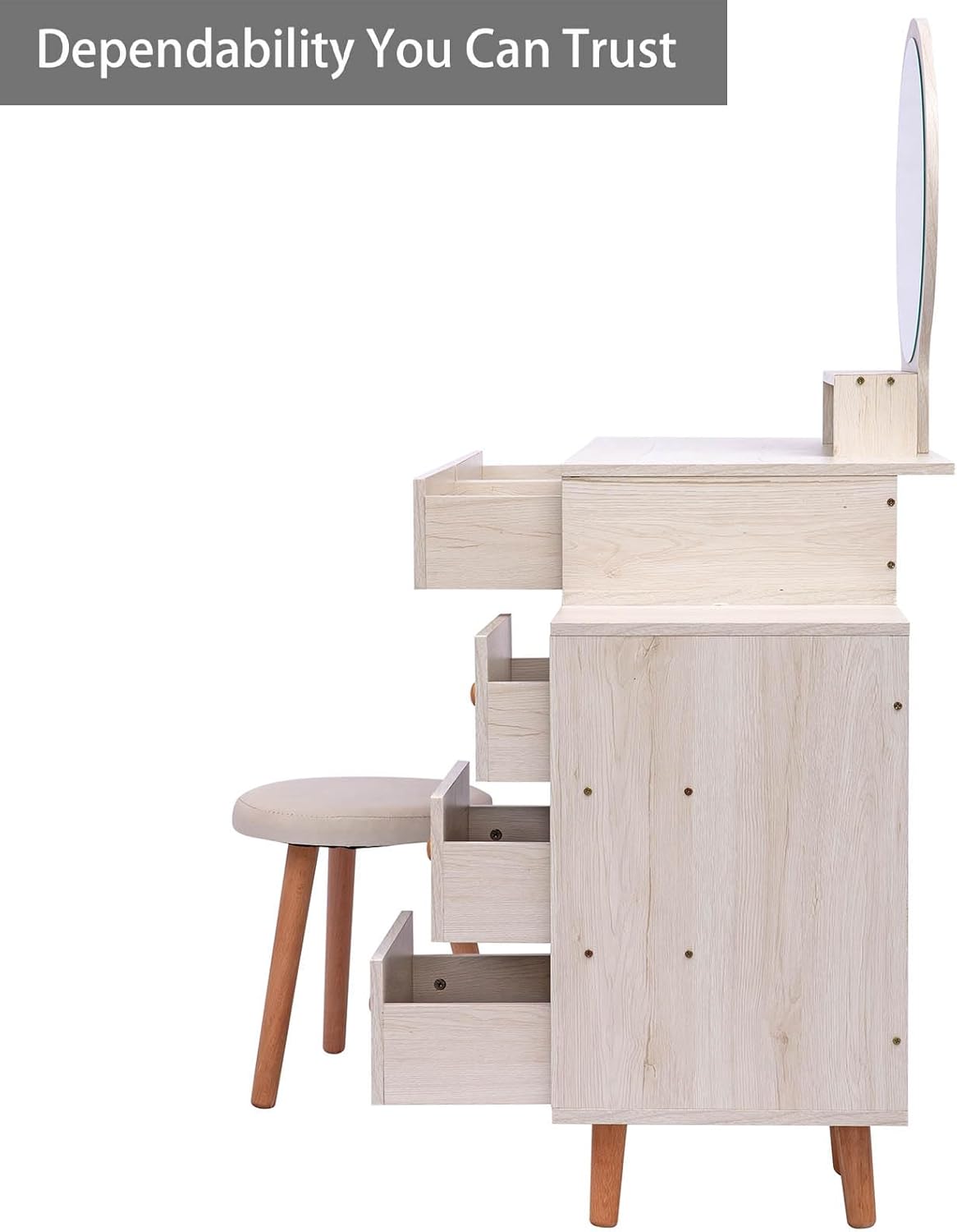 Mesa de tocador de maquillaje con espejo redondo grande, escritorio blanco con taburete acolchado, tocador de madera con 5 cajones y gabinete de