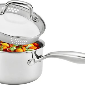 Cacerola de acero inoxidable de 3.5 cuartos de galón con tapa de colador, sartén para salsa para estufa, dos boquillas laterales para verter Cacerola de acero inoxidable de 3.5 cuartos de galón con tapa de colador, sartén para salsa para estufa, dos boquillas laterales para verter