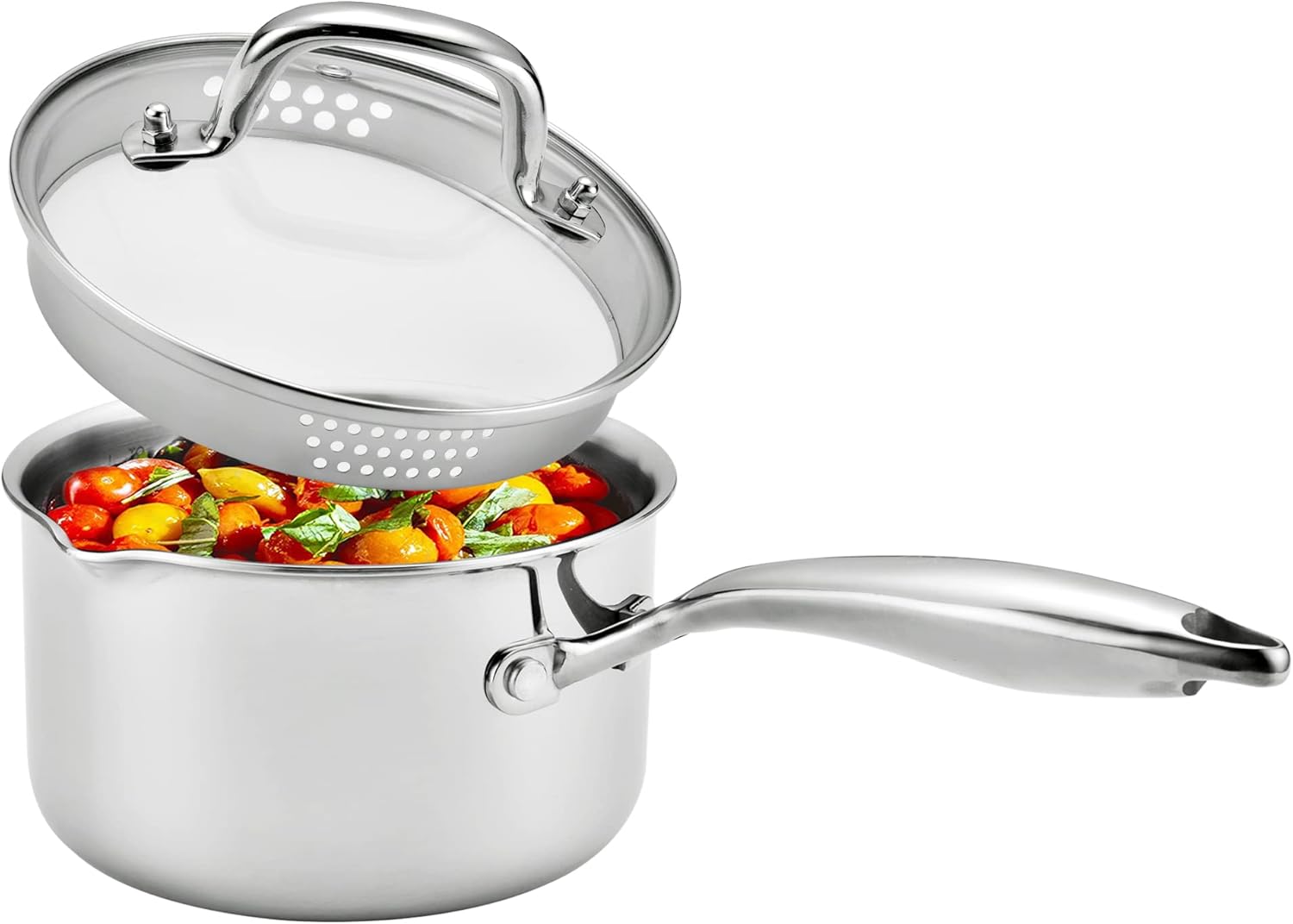Cacerola de acero inoxidable de 3.5 cuartos de galón con tapa de colador, sartén para salsa para estufa, dos boquillas laterales para verter