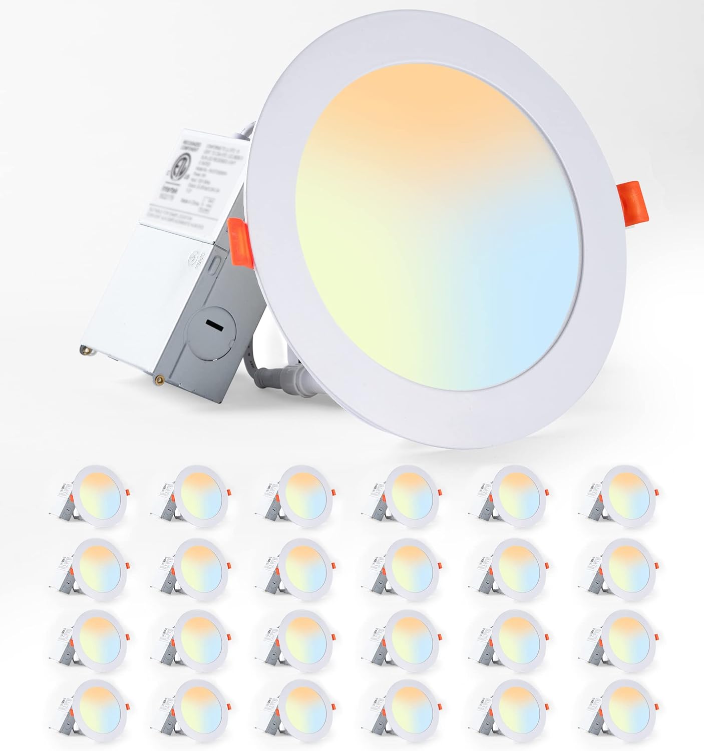 LEDIARY Paquete de 24 luces LED empotrables 6CCT de 6 pulgadas, 2500K-5000K seleccionables, 1100LM de alto brillo, 12 W Eqv 110 W, luces de lata