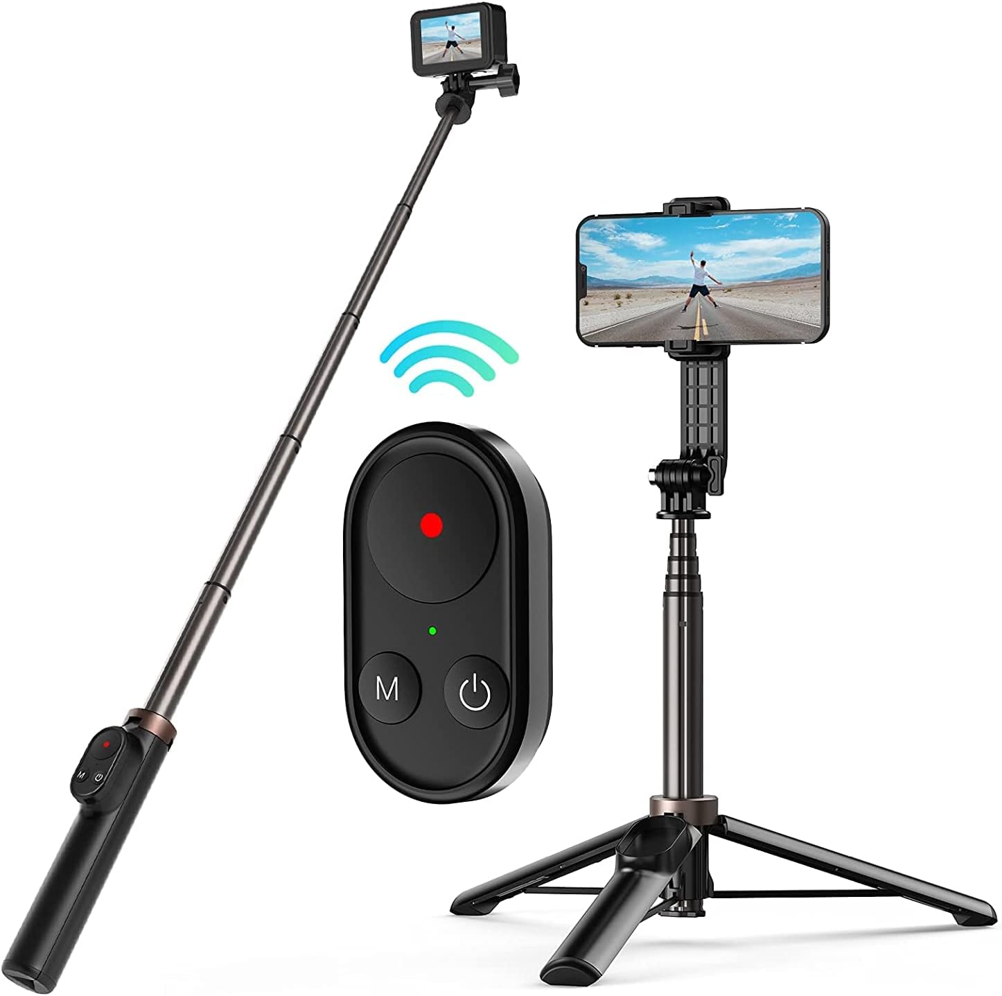 Trípode para selfie stick con control remoto para GoPro Max Mini Hero 12 Hero 11 Hero 10 Hero 9 Hero 8 Negro, trípode monopie de aluminio Bluetooth