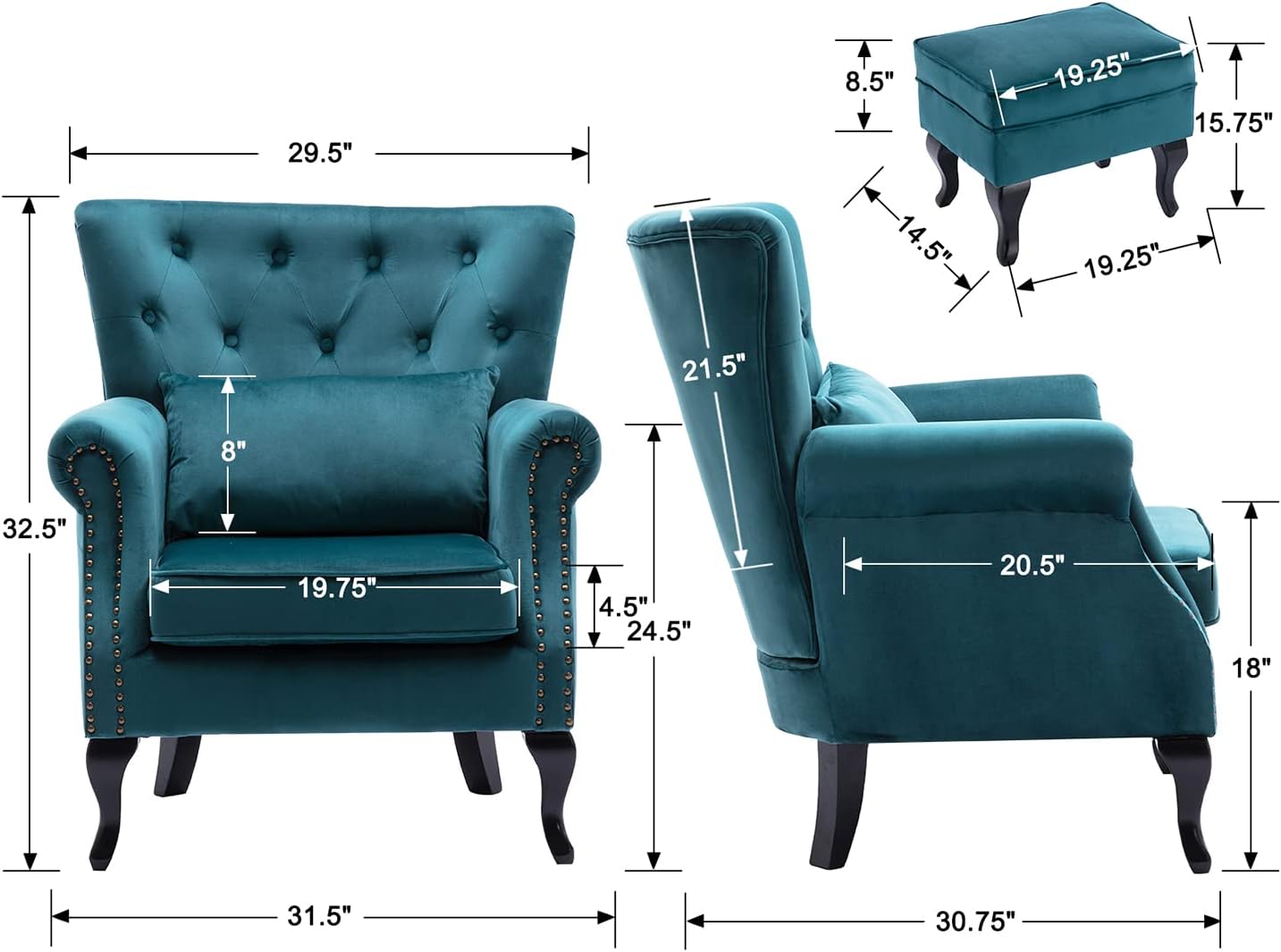 Silla decorativa moderna de mediados de siglo, sillón tapizado, cómodo sofá individual de terciopelo con respaldo copetudo con otomana para