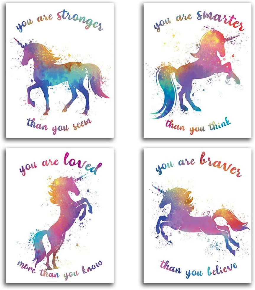 CHIEN-CHI LILI SUUURA-OO – Juego de 4 impresiones artísticas de acuarela con palabras inspiradoras de unicornio (8 x 10 pulgadas), póster de