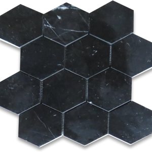 Nero Marquina – Mosaico hexagonal de mármol negro de 4 pulgadas para cocina, baño, pared, ducha (1 hoja) Nero Marquina – Mosaico hexagonal de mármol negro de 4 pulgadas para cocina, baño, pared, ducha (1 hoja)