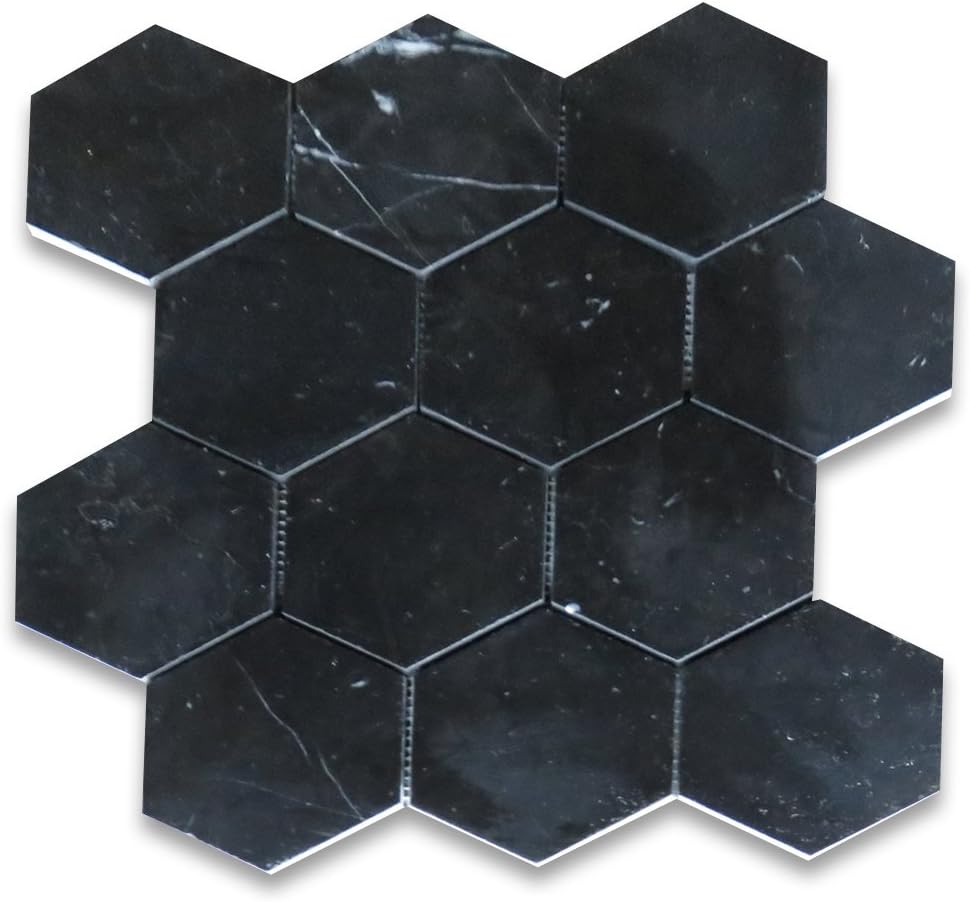 Nero Marquina – Mosaico hexagonal de mármol negro de 4 pulgadas para cocina, baño, pared, ducha (1 hoja)