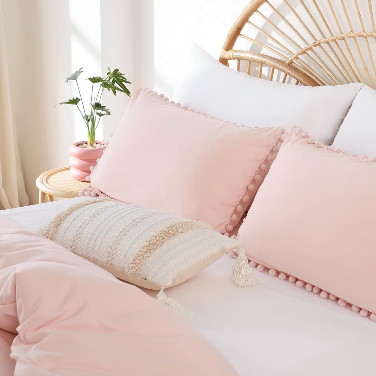 YIRDDEO Juego de edredón de 3 piezas con diseño de flecos de pompones, juego de ropa de cama matrimonial lujoso y bohemio estético, juego de edredón