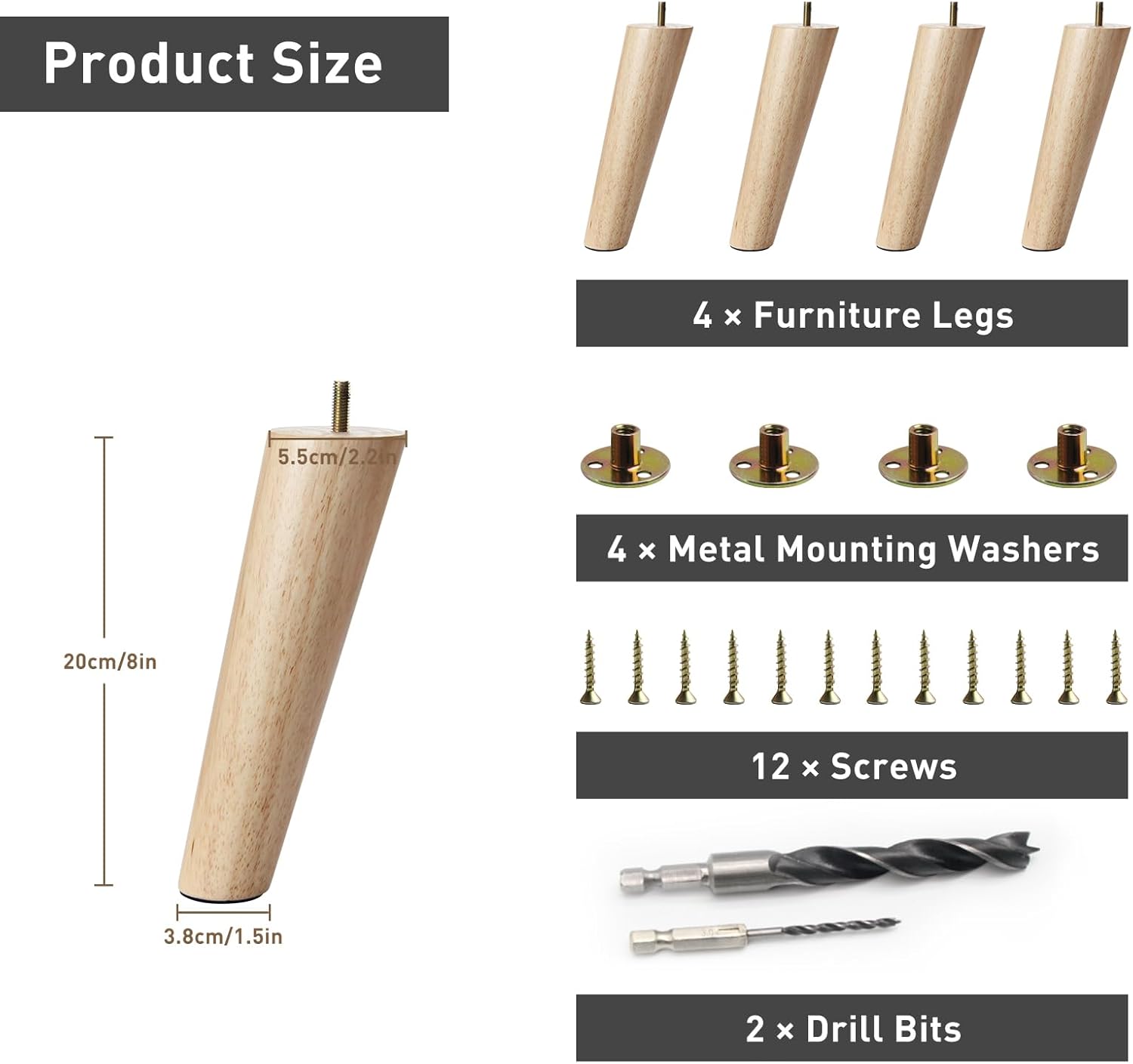 Juego de 4 patas de madera para muebles de 8 pulgadas, patas oblicuas para mesa de café, patas de sofá resistentes y resistentes, patas de