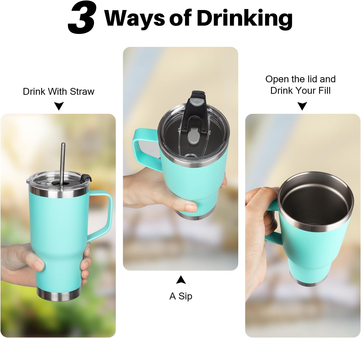 GUDEMAO Vaso de 20 onzas con asa, vasos aislados de acero inoxidable con tapa y popote, vaso aislado al vacío de doble pared, a prueba de fugas,