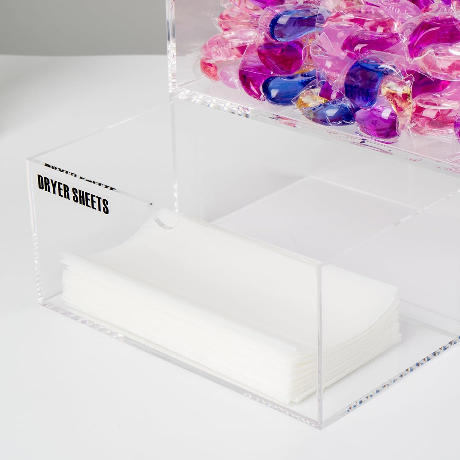 Organizador de acrílico transparente para lavandería para cápsulas de lavandería y hojas de secadora, contenedor de suministros para lavadora y