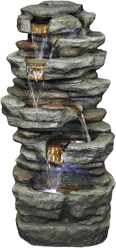 Naturefalls Fuente de agua de roca de 32.6 pulgadas con luces LED, fuente de agua de poliresina de 6 niveles para exteriores, características de