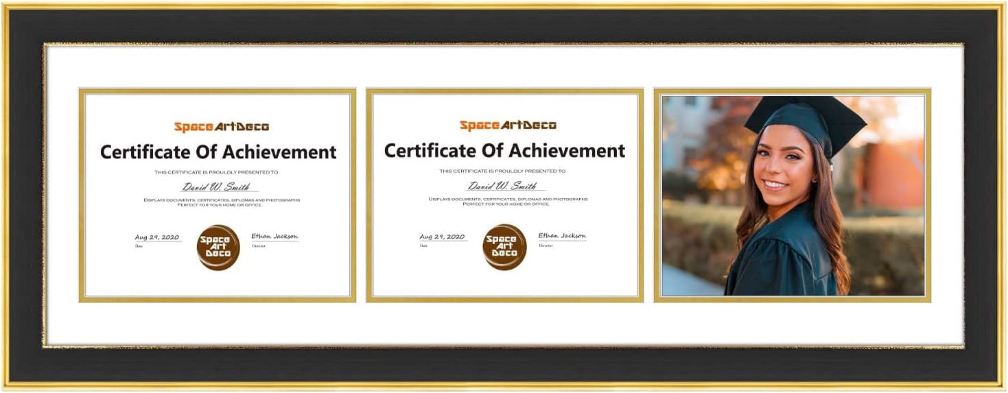 Space Art Deco, Marco de tres certificados de 12 x 37 pulgadas con paspartú doble blanco sobre dorado para (3) diplomasgrados de 8.5 x 11 pulgadas,