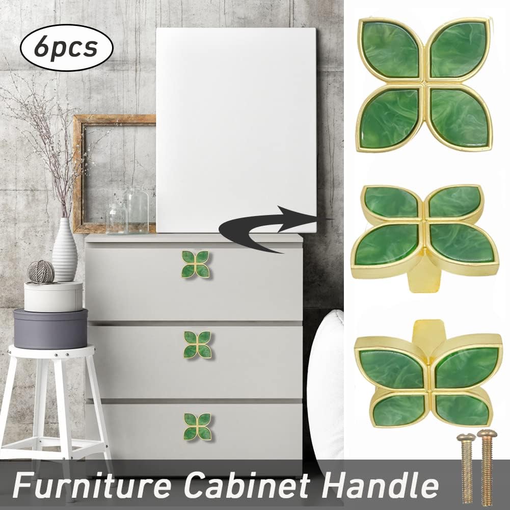 6 pomos de pétalos para gabinete, pomos dorados para cajones de aparadores, pomos decorativos de trébol de cuatro hojas, manija para cajones de