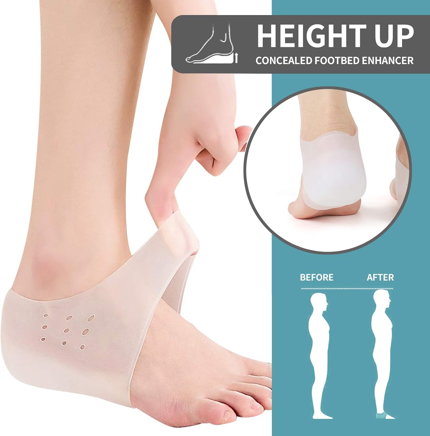 Aumento de altura invisible para mejorar la plantilla oculta, plantillas de talón de silicona suave, almohadillas de elevación de talón, calcetines