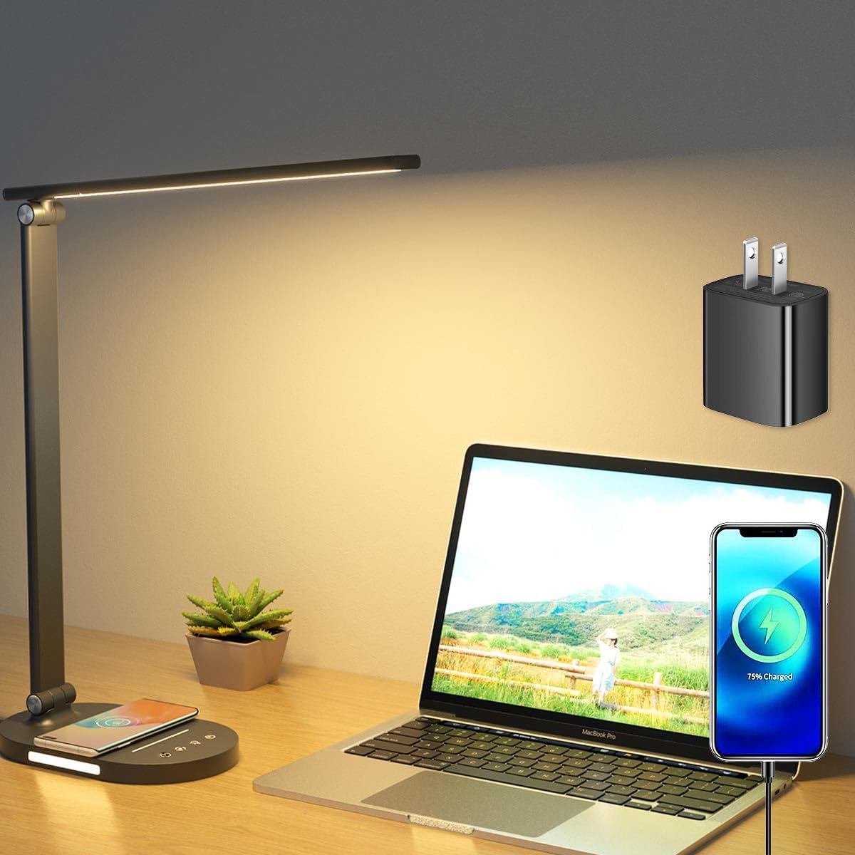 Lámparas de escritorio para oficina en casa, lámpara de escritorio de 52 LED con cargador inalámbrico, lámpara de mesa con control táctil, 5 modos