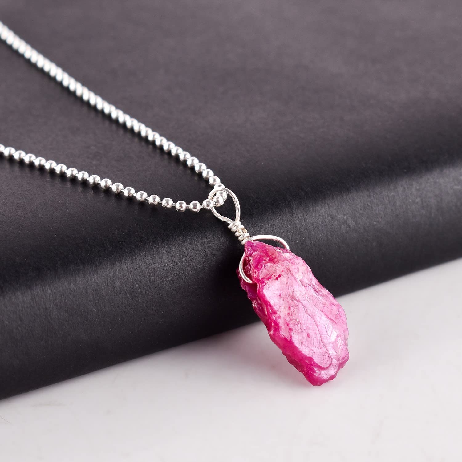 ZEMBIENCE Natural Raw Pink Ruby Gemstone Pendant Necklace, Rough Stones, Chakra Healing Crystals, Silver Plated, July Birthstone, Handmade, Wedding,
