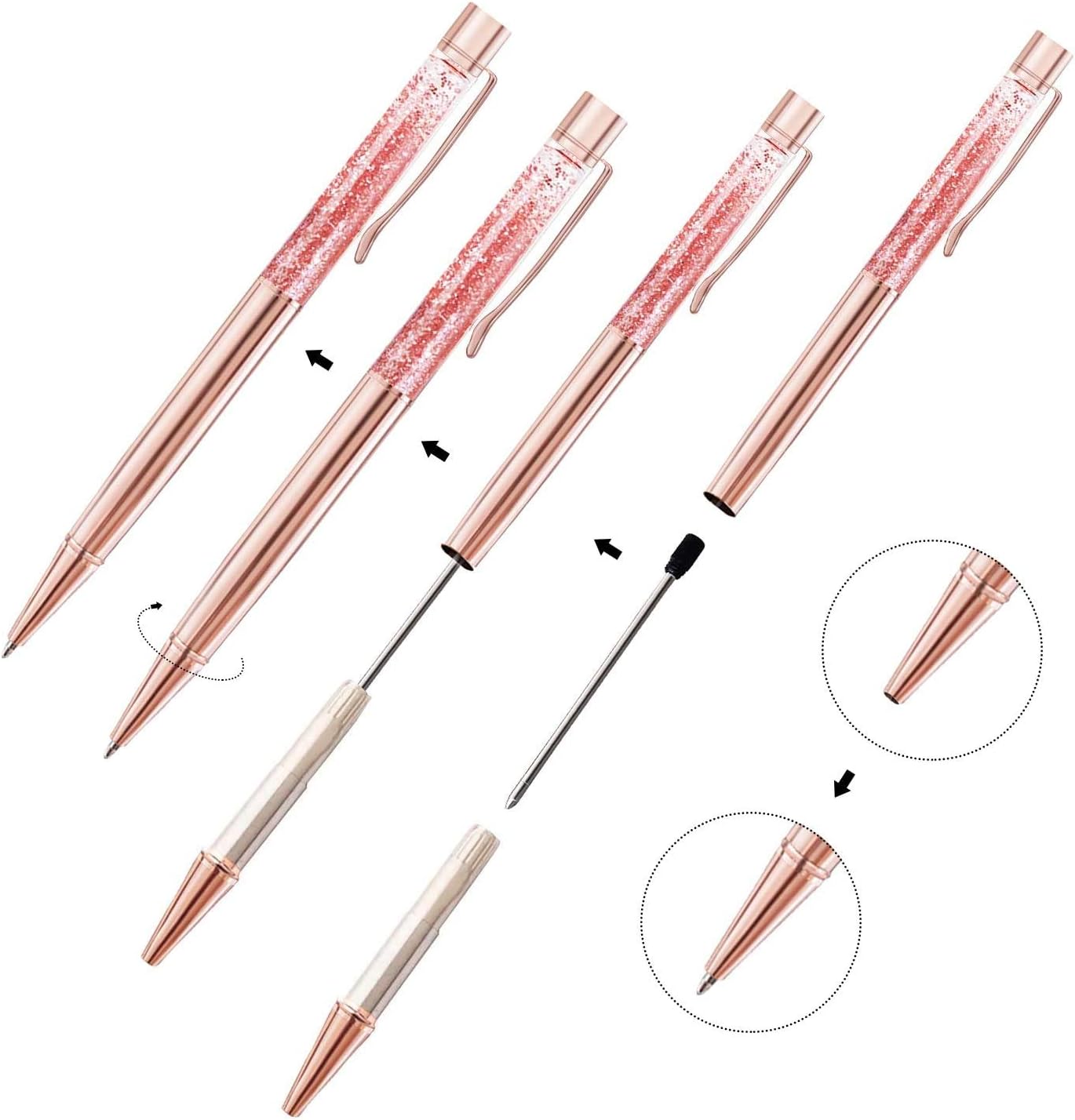 ZZTX 10 bolígrafos de oro rosa, bolígrafo de metal brillante dinámico de arena líquida con recambios, tinta negra, suministros de oficina,