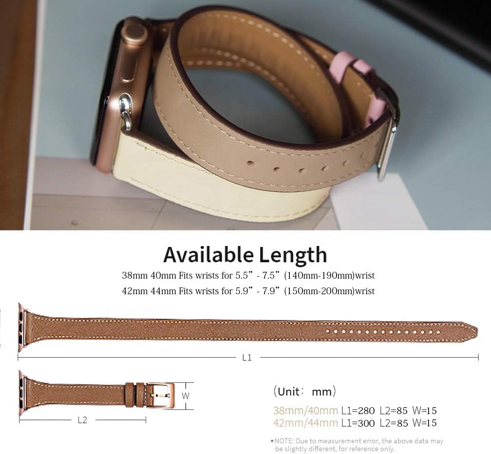 Bestig Correa compatible con Apple Watch Band de 1.496 pulgadas, 1.575 pulgadas, 1.614 pulgadas, correa delgada de cuero genuino, diseño doble giro,