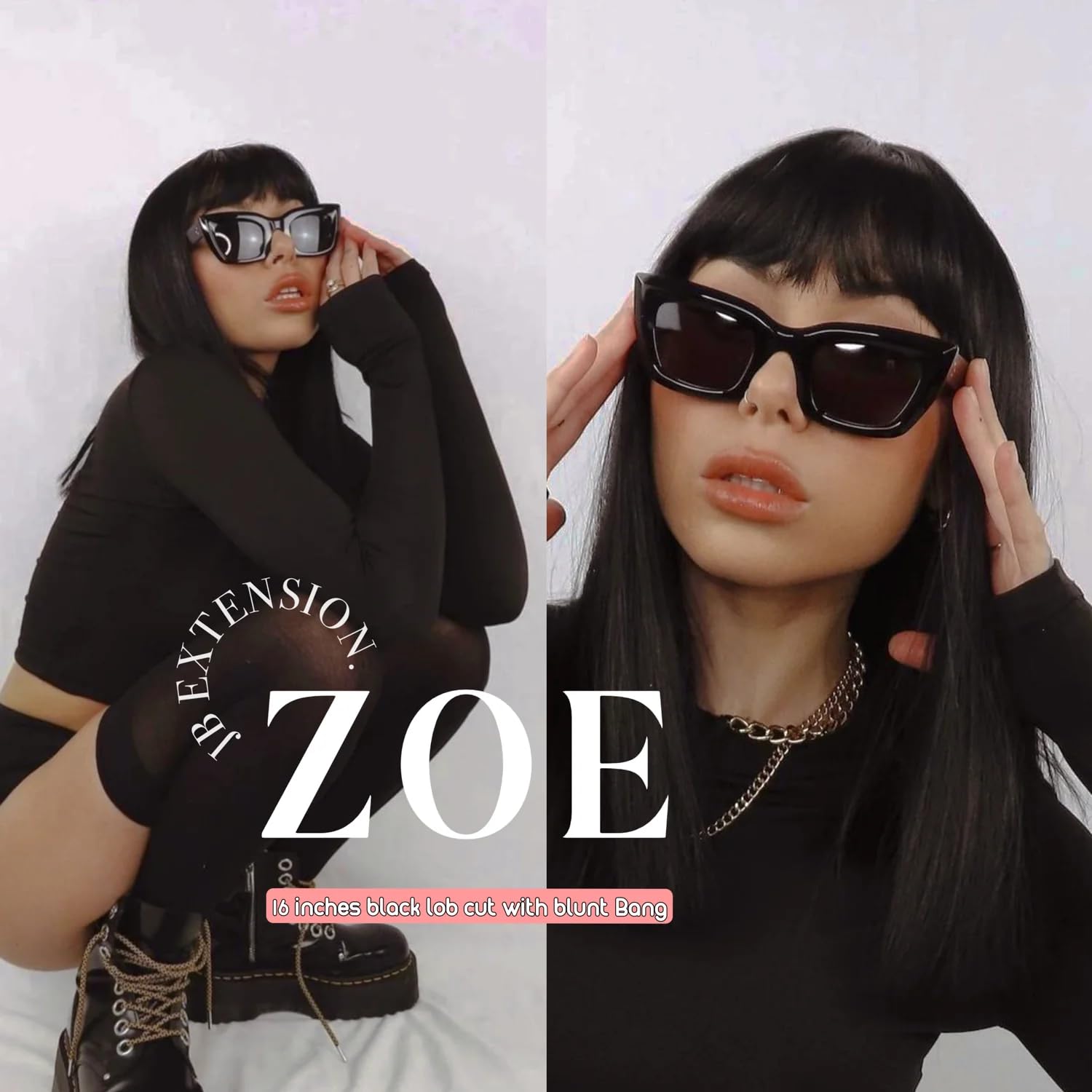 Peluca negra de corte recto ZOE con flequillo completo, pelucas rectas sin pegamento para mujer, pelucas sintéticas naturales para uso diario