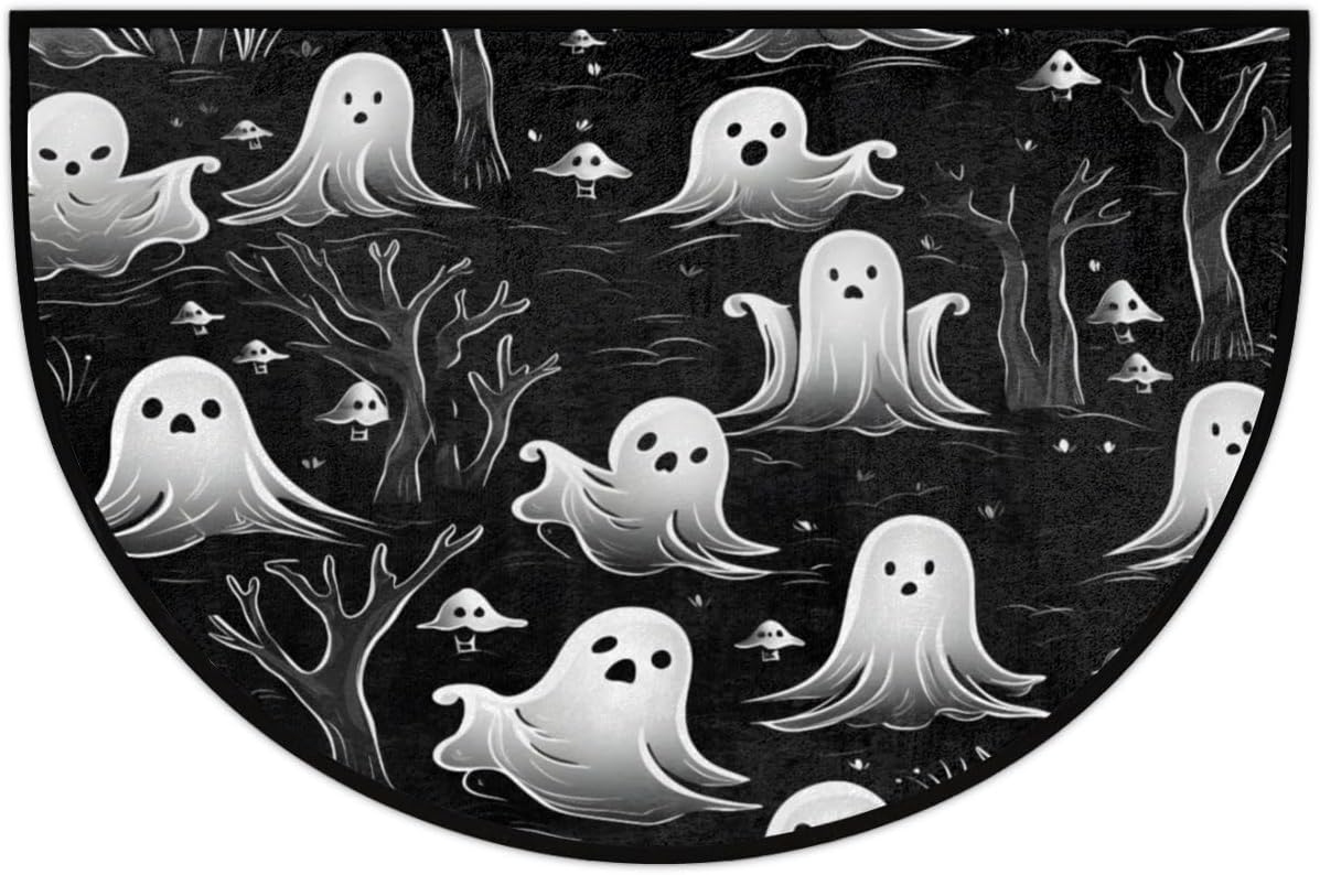 Tapete medio redondo del Día de los Muertos, tapete de bienvenida Boo de Halloween, árbol fantasma, entrada al aire libre, para entrada exterior, 24