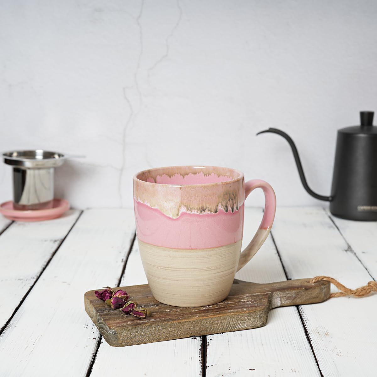 Bosmarlin Taza de té de cerámica con infusor y tapa, 16 onzas, apta para lavavajillas y microondas, 5 colores para elegir, esmalte reactivo, taza de